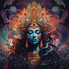 Wall Mural - A vibrant, mystical representation of a goddess with intricate patterns and colors.