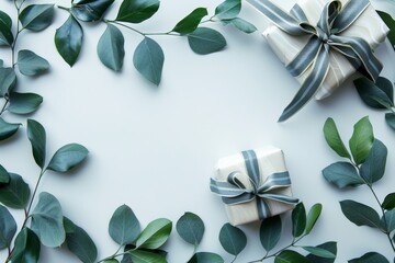 A clean, minimalist flat lay of two wrapped gifts surrounded by green leaves, creating an organic and eco-friendly presentation.