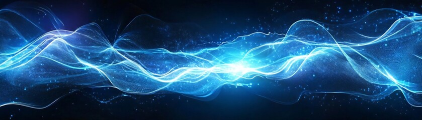 Wall Mural - a mesmerizing wave of blue light swirls across the dark background, creating a captivating and dynam