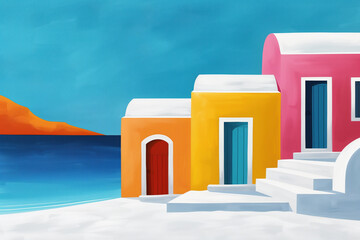 Vibrant Mediterranean scene with colorful houses and white roofs by the sea, set against a blue sky and distant orange mountain, in minimalist style.