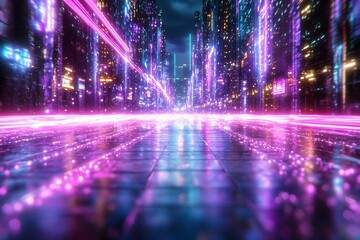 Wall Mural - a vibrant, futuristic cityscape with glowing neon lights reflecting on a slick, wet surface, creatin