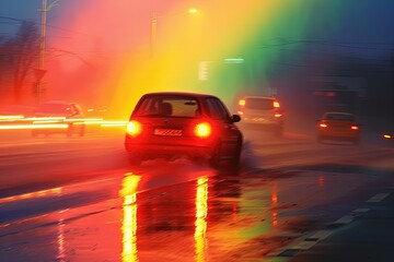 Sticker - a red car driving down a rain soaked street