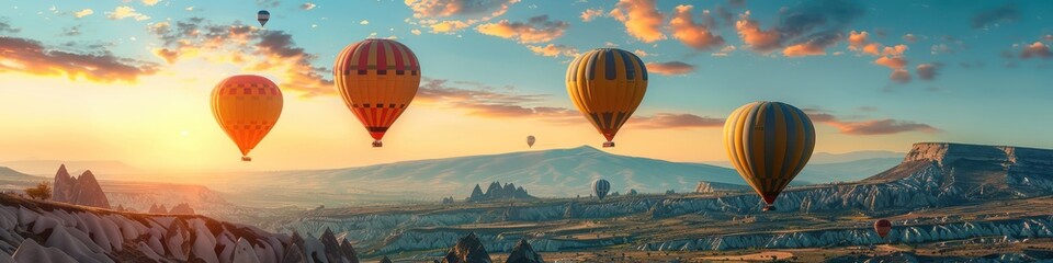 Vibrant hot air balloons floating in a clear blue sky over a colorful, blossoming field. Free copy space for banner.