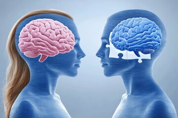 Canvas Print - Two human profiles with glowing brain connections symbolize the powerful intellectual bond and the dynamic exchange of ideas in a high tech futuristic environment