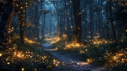 Wall Mural - Enchanted Forest Path with Fireflies at Night - Magical Nature Scene