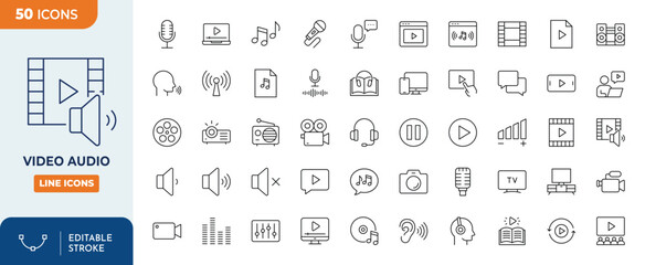 Video Audio Line Editable icon set. Video Audio icon pack