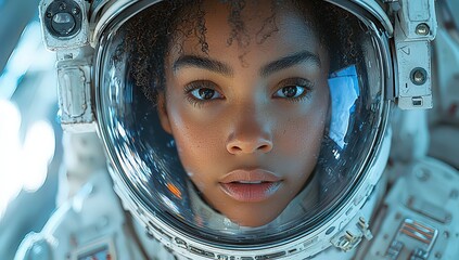 black woman astronaut in space, with a white and blue futuristic spaceship background