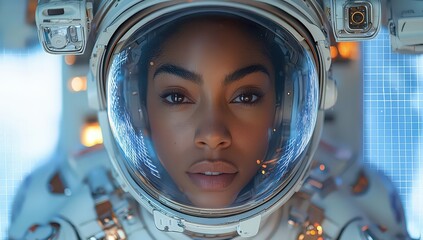 African American woman astronaut standing in front of the space station with a blue grid background. 