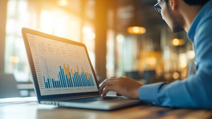 Leinwandbilder - A person intensely focused on analyzing bar charts displayed on a laptop screen, illuminated by warm sunlight, symbolizing data analytics, concentration, and productivity.