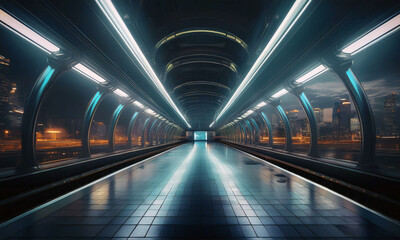 subway train in motion blur,Metro station, empty subway platform, view of the urban city 