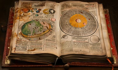 Book of the universe - opened magic book with planets and galaxies. 