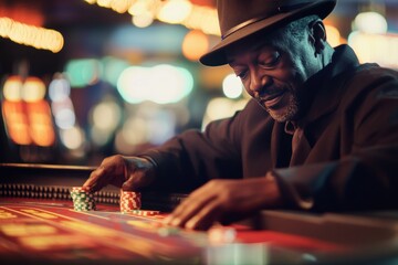 Man engaged in gambling at a casino craps table, capturing the thrill of the game