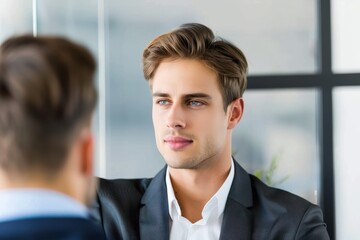 Canvas Print - Handsome businessman looking away in office Handsome businessman looking away in office. Confident professional is with male colleague. Focus is on him.