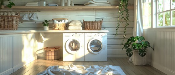 Cozy laundry room with sunlight streaming in, featuring a modern washing machine and green plants.