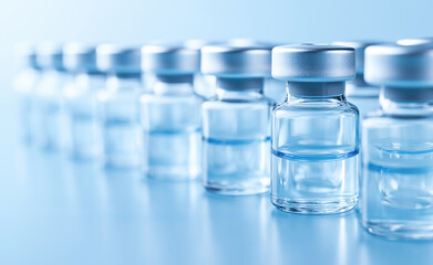 A row of clear medical vials filled with liquid, symbolizing vaccination or medication in a controlled environment.