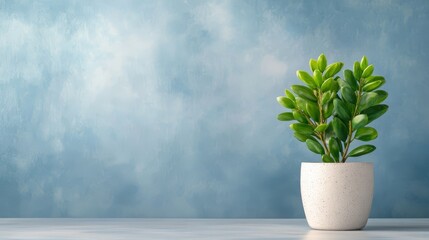 Canvas Print - Green Plant in White Pot on Blue Background with Copy Space