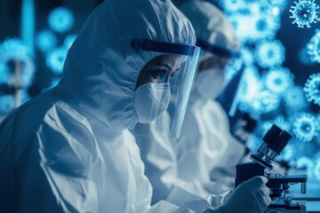 Fototapete - Medical professionals clad in protective gear conduct virus analysis under a microscope in a modern laboratory focused on disease control. Generative AI