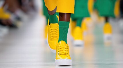 Close-up of a fashion runway showcasing vibrant yellow sneakers paired with green socks, highlighting bold and trendy footwear in a contemporary style.