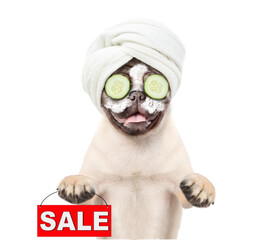 Fototapete - Funny Mastiff puppy with towel on his head and with cream on his face and pieces of cucumber on his eyes holding watermelon cocktail and signboard with labeled 