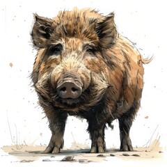 a detailed illustration of a wild boar with a brown and grey coat, standing on a light brown ground,