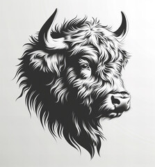 Highland cow clipart in classic tattoo style, black and white ink illustration, traditional animal tattoo design, detailed line art, vintage etching