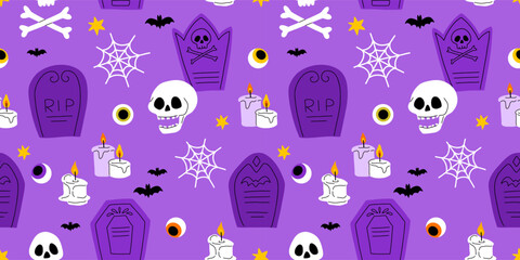 Wall Mural - Purple, orange yellow and black seamless prints with Halloween decorative elements - ghost, pumpkin, sculls. Cute vector characters, decor objects - sweets, pumpkin, witch, ghost, bat. Pattern design