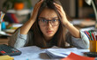 © Curioso.Photography - Stressed student overwhelmed by studies, sitting at a desk surrounded by books and papers.