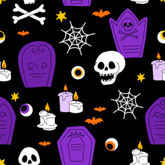 Wall Mural - Purple, orange yellow and black seamless prints with Halloween decorative elements - ghost, pumpkin, sculls. Cute vector characters, decor objects - sweets, pumpkin, witch, ghost, bat. Pattern design