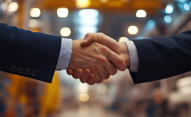 Two business people shaking hands in a modern industrial setting, symbolizing partnership.