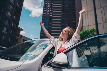 Poster - Photo of shiny excited lady driver dressed white shirt smiling riding car going repair station outdoors urban city street