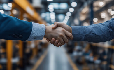 Two business people shaking hands in a modern industrial setting, symbolizing partnership.