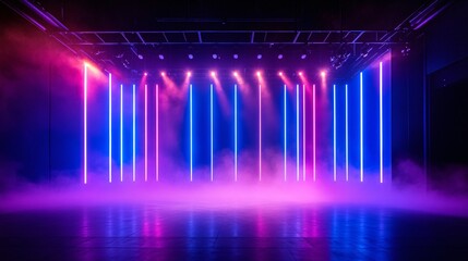 Wall Mural - ethereal lighting, empty stage, soft pastel-colored lights blending harmoniously, gentle mist enhancing the dreamy effect, faint outlines of stage props in the shadows, a peaceful and otherworldly