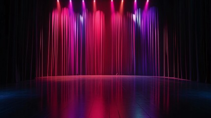 Wall Mural - cinematic lighting, empty stage, deep red and purple lights converging in the center, dramatic shadows on a polished floor, dark curtains barely visible, a sophisticated and intense setting for a