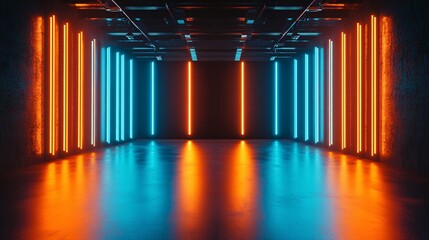 Wall Mural - energetic lighting, empty stage, vibrant orange and teal lights intersecting, creating a dynamic visual impact, glossy floor reflecting the colors, clean dark background, an exciting and bold