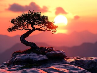 Canvas Print - Bonsai Tree Silhouette at Sunset Illustration