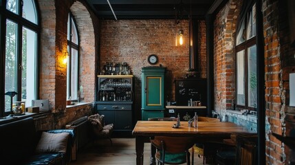 A rustic, industrial-style dining room with exposed brick walls, arched windows, and a wooden table set for two.