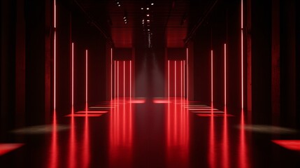 Sticker - bold lighting, empty stage, intense red and black lights casting strong shadows, glossy floor reflecting the dramatic tones, dark background with subtle red accents, a powerful and striking