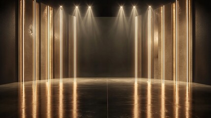 Sticker - elegant lighting, empty stage, soft gold and white lights casting a warm glow, polished floor reflecting the light, minimalist dark backdrop with subtle gold accents, a refined and luxurious setting