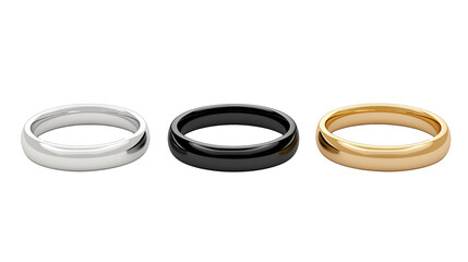 Three rings in different colors arranged separately isolated on white or transparent background