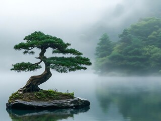 Canvas Print - Bonsai Tree on a Misty Lake - Photo