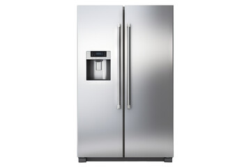 Modern double-door refrigerator isolated on transparent background for home appliance design, kitchen layout visualizations, and interior decor projects in high-resolution PNG format.