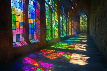 Aufkleber - Vibrant stained glass windows line a stone corridor, refracting colorful light and shadow patterns along the pathway, creating an enchanting and serene atmosphere.