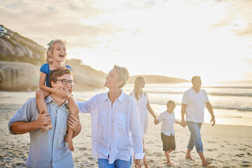 Poster - Family, beach and walking with fun, parents and kids together with grandparents outdoor. Sunset, travel and love of generations with smile, happy and support holding hands by the sea in Florida