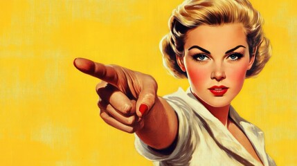 Poster - A woman with red lipstick and red nails points her finger directly at the viewer, her face is serious and her eyes are piercing.