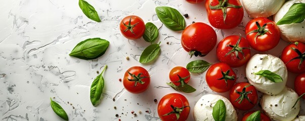 Wall Mural - Fresh tomatoes and mozzarella cheese with basil leaves on a white background, a classic Italian delight. Free copy space for banner.