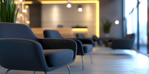 Sticker - 3D rendering of contemporary black armchairs in a conference room setting Interior of a business hall with selective focus