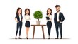 © weerasak - A group of four professionals standing confidently around a plant on a table, symbolizing collaboration and business success.