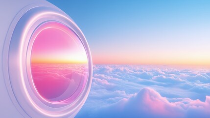 Wall Mural - A futuristic window view showcasing colorful clouds and a serene sky at dawn.