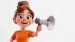 © Iswanto - A happy cartoon girl with brown hair holds a megaphone and smiles at the camera against a white background.