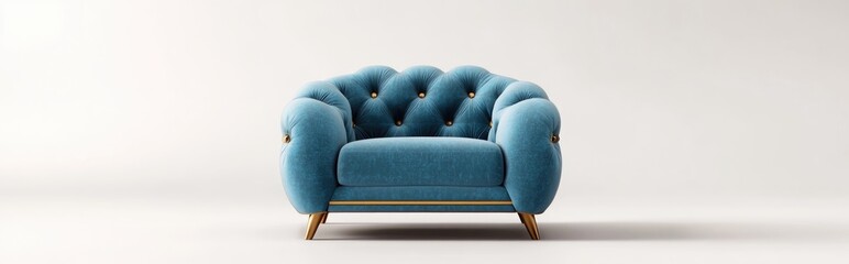 3D rendering of a classic glossy blue armchair featuring gold accents set against a white background